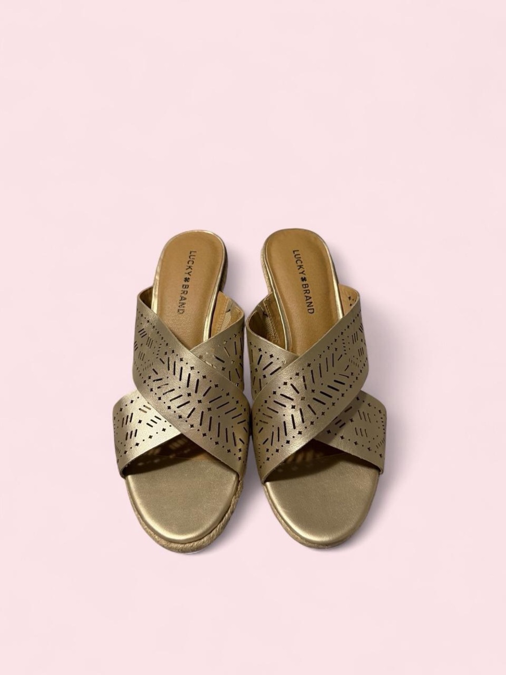 Lucky Brand Metallic Gold Laser-Cut Crisscross Slide Mules